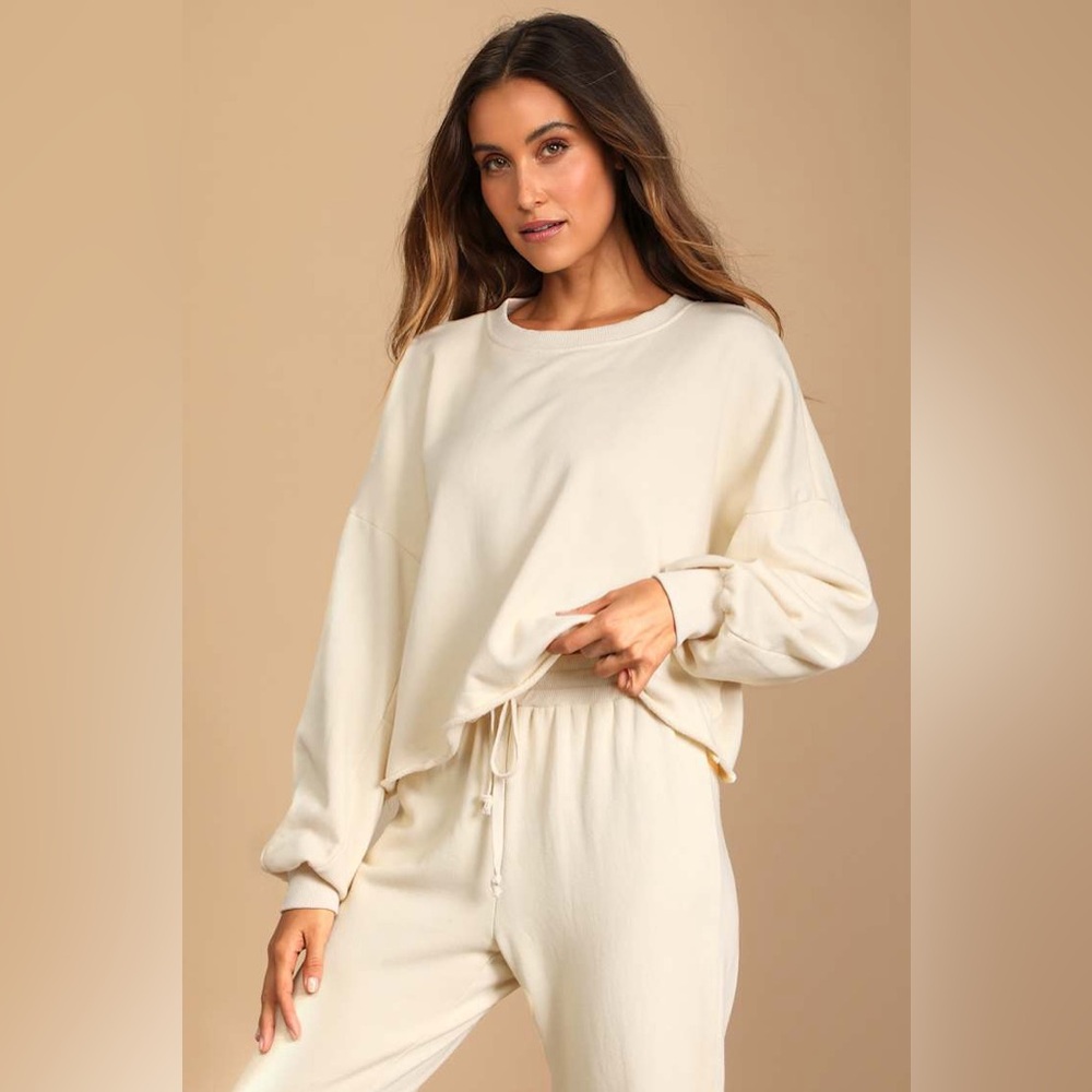 NWT | Lulus | Boat House Cream Cropped Pullover Sweatshirt | Sz S